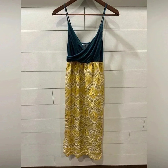 Anthropologie  EDME ESYLLTE Dress Maxi Pocket Teal Silk Mustard Skirt- size O - Picture 1 of 10